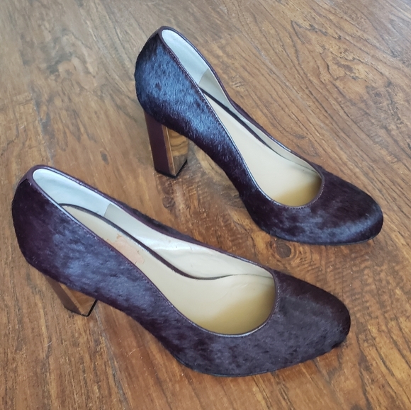 Ann Taylor Shearling Cow Hair Pumps brown  sz 8.5 block gold heel - Picture 1 of 15